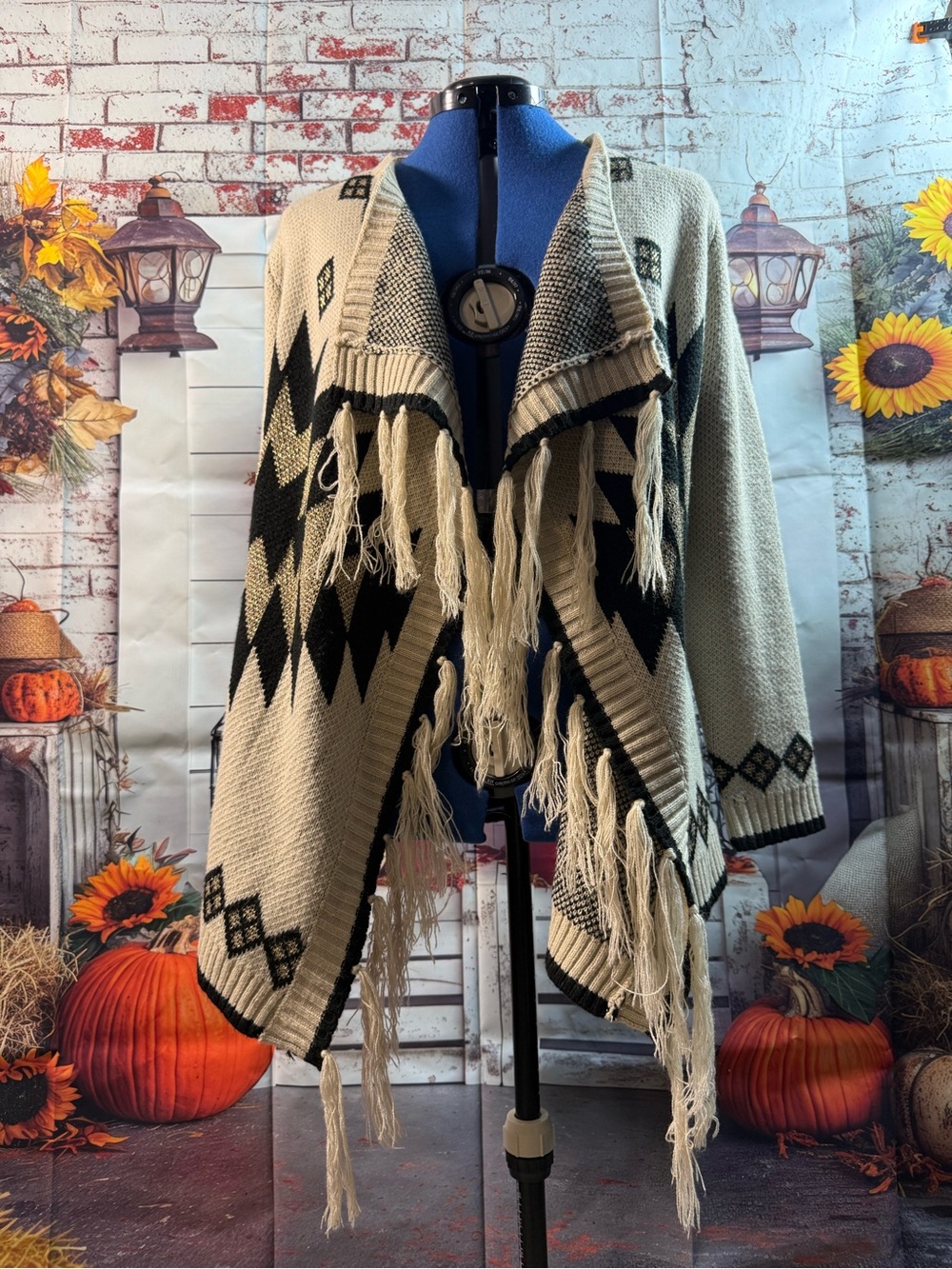 157-Doe & Rae Cream and Black Aztec Fringe Open-Front Cardigan